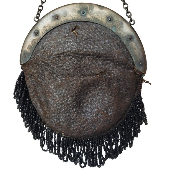 Black Beaded Small Purse With Floral Metal Frame & Fringe Detail Antique - Picture 5 of 10